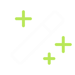 A white magic wand icon with three green plus signs around it on a light gray background, representing the creative and transformative power of a digital marketing agency.