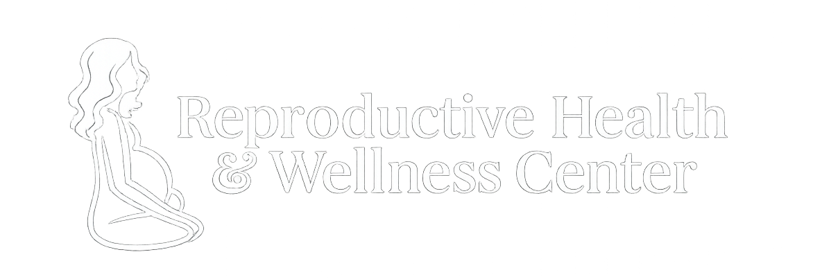 Outline of a pregnant woman sitting cross-legged next to the text Reproductive Health & Wellness Center on a white background, designed to be an ideal visual element for a digital marketing agency promoting women’s health services.