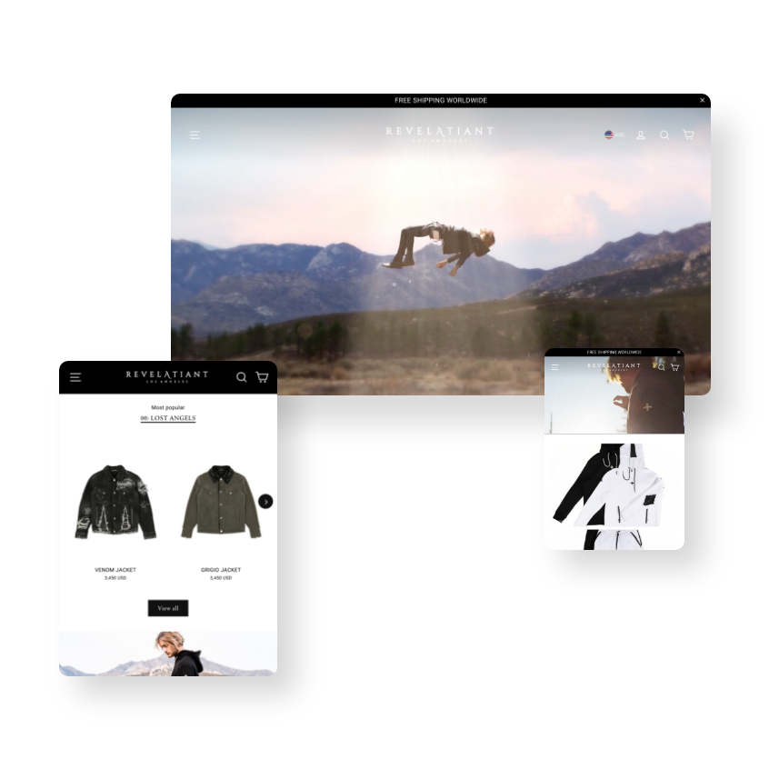 Three website screens created by a digital marketing agency showcase a fashion brand: the homepage features a person flipping outdoors, a product page highlights two jackets, and a smaller window displays striking fashion photography.