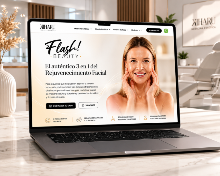 A laptop on a desk displays a facial rejuvenation clinic website with a smiling woman touching her face, various icons, and Spanish text promoting facial treatments, highlighting the work of a digital marketing agency in creating engaging online experiences.