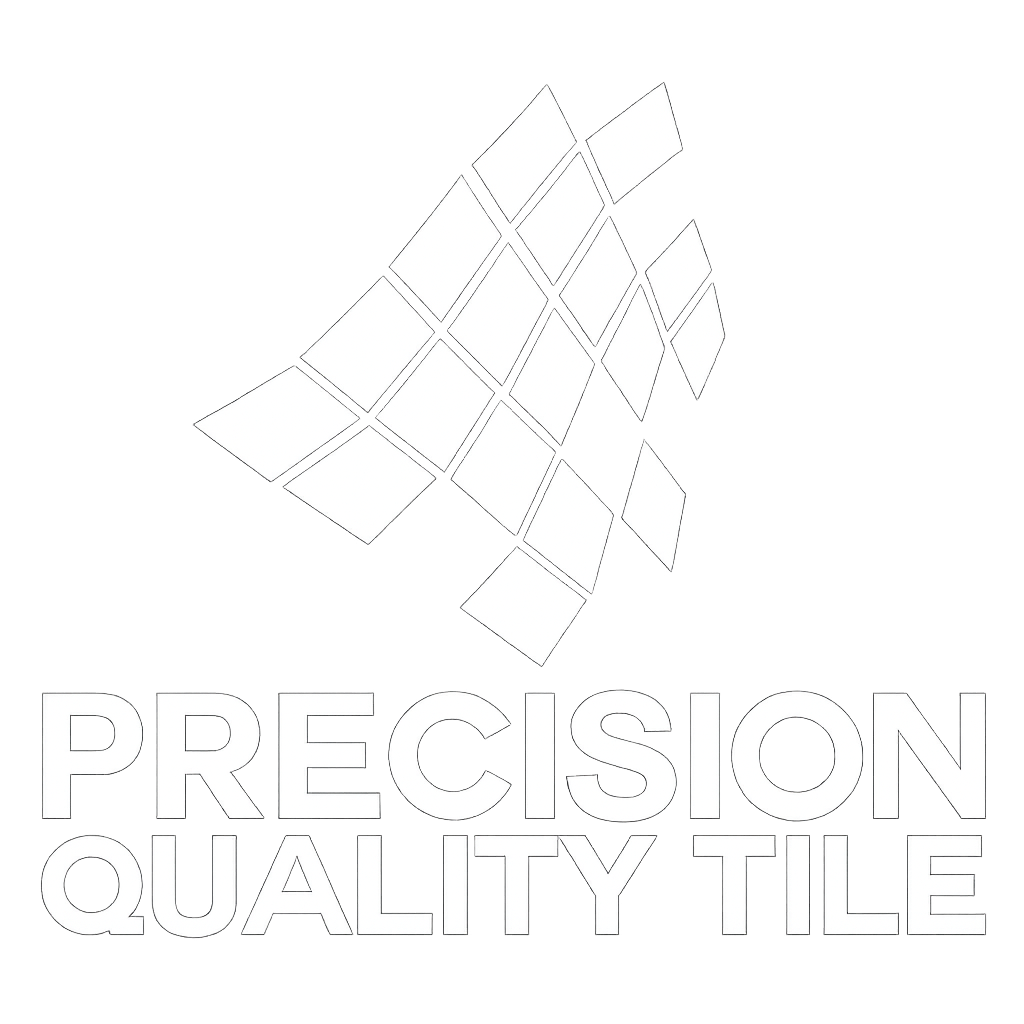 Outline logo with stylized tiles forming an upward swoosh above bold text reading PRECISION QUALITY TILE in all capital letters. Perfect for a digital marketing agency seeking a clean, professional look, the design is monochrome on a white background.