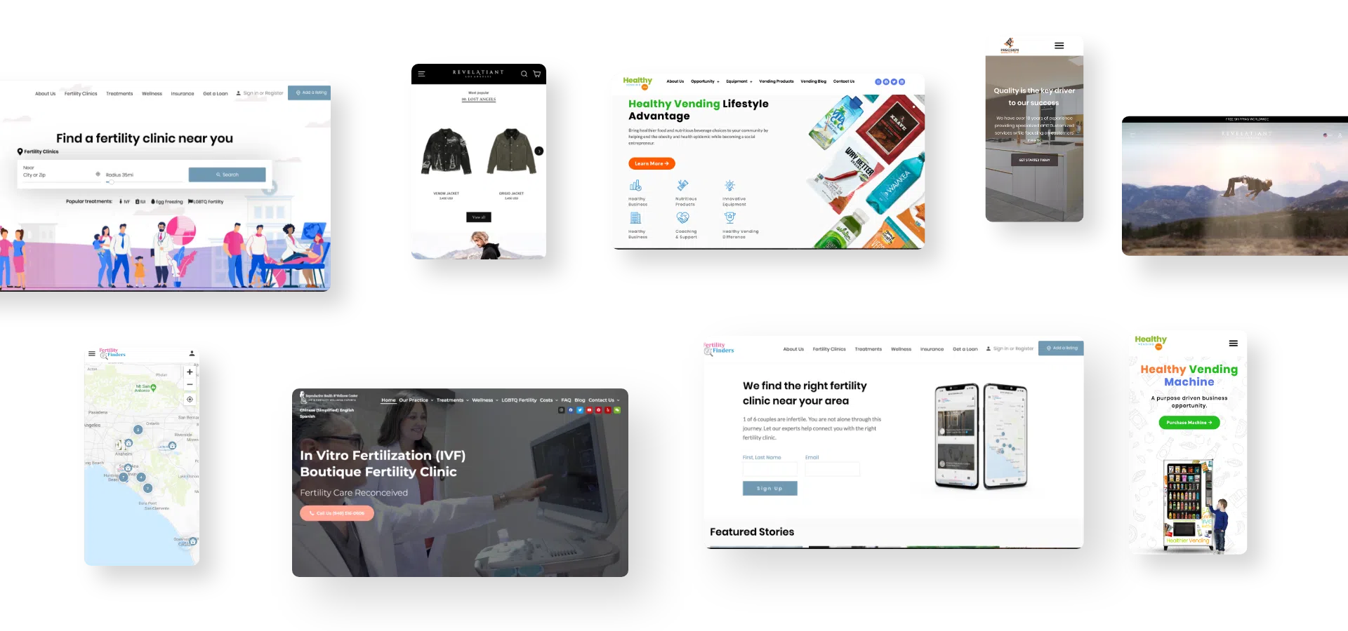Collage of eight website screenshots—including fertility clinic locators, online stores, health and vending service sites, a photo of a cow, and map interfaces—showcased on a white background. These examples highlight the diverse projects handled by a digital marketing agency.