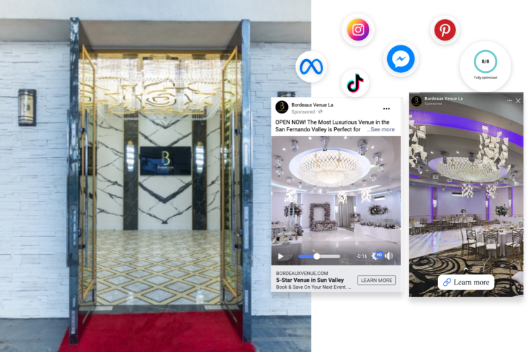 A modern venue entrance with a red carpet and golden doors is shown, alongside social media icons and digital ads curated by a leading digital marketing agency, displaying elegant event spaces with chandeliers and decorated tables.