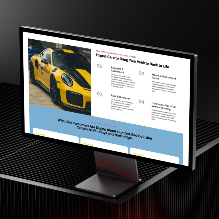A computer monitor displays a website about auto collision services, designed by a digital marketing agency, featuring a yellow sports car, numbered service descriptions, and customer testimonials. The monitor sits on a black, ribbed surface.
