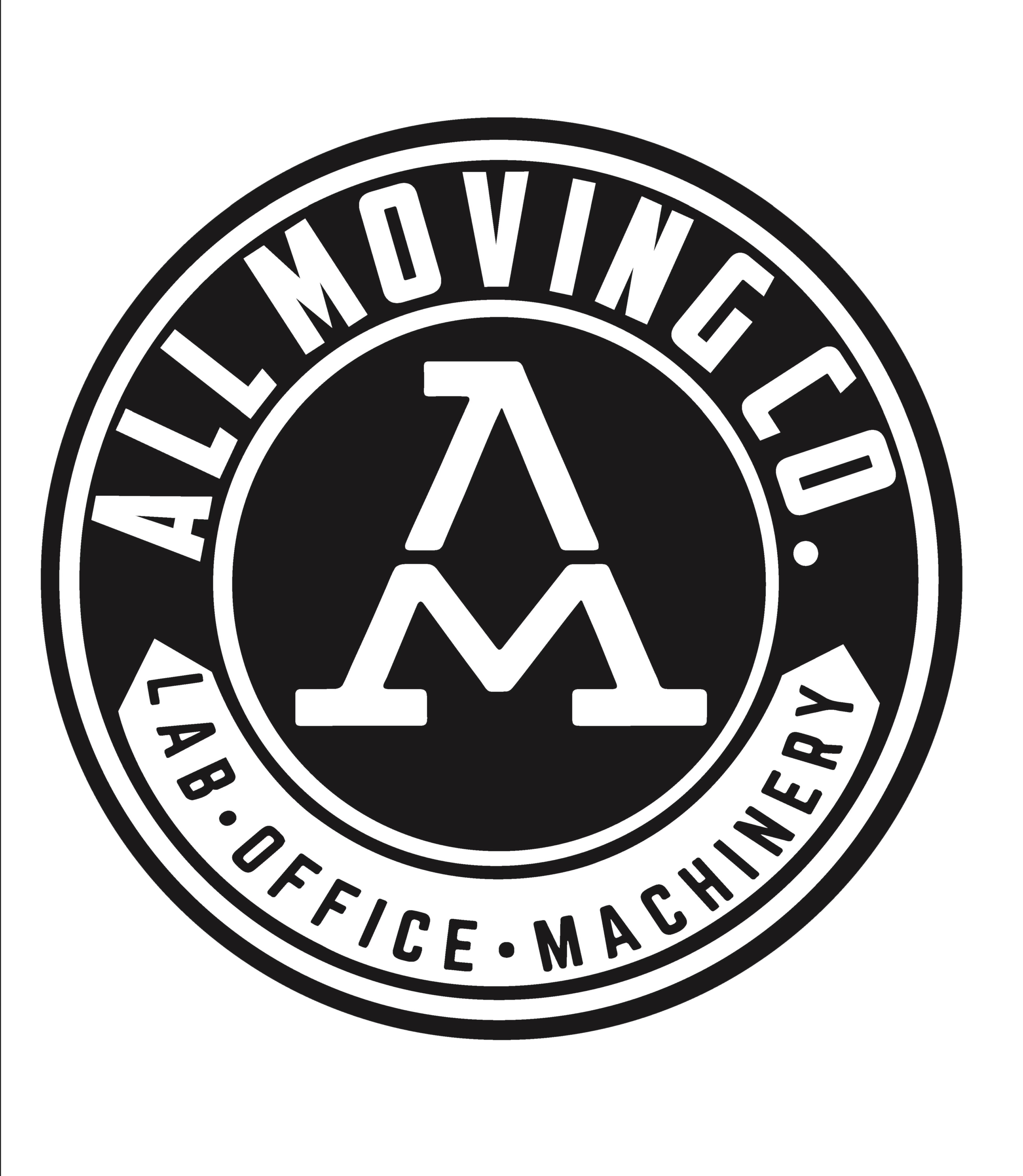 A circular logo with ALL MOVING CO. at the top and LAB • OFFICE • MACHINERY at the bottom, surrounding a large stylized AM in the center. The design, rendered in black and white, presents a bold visual identity suitable even for a digital marketing agency seeking a modern yet timeless look.