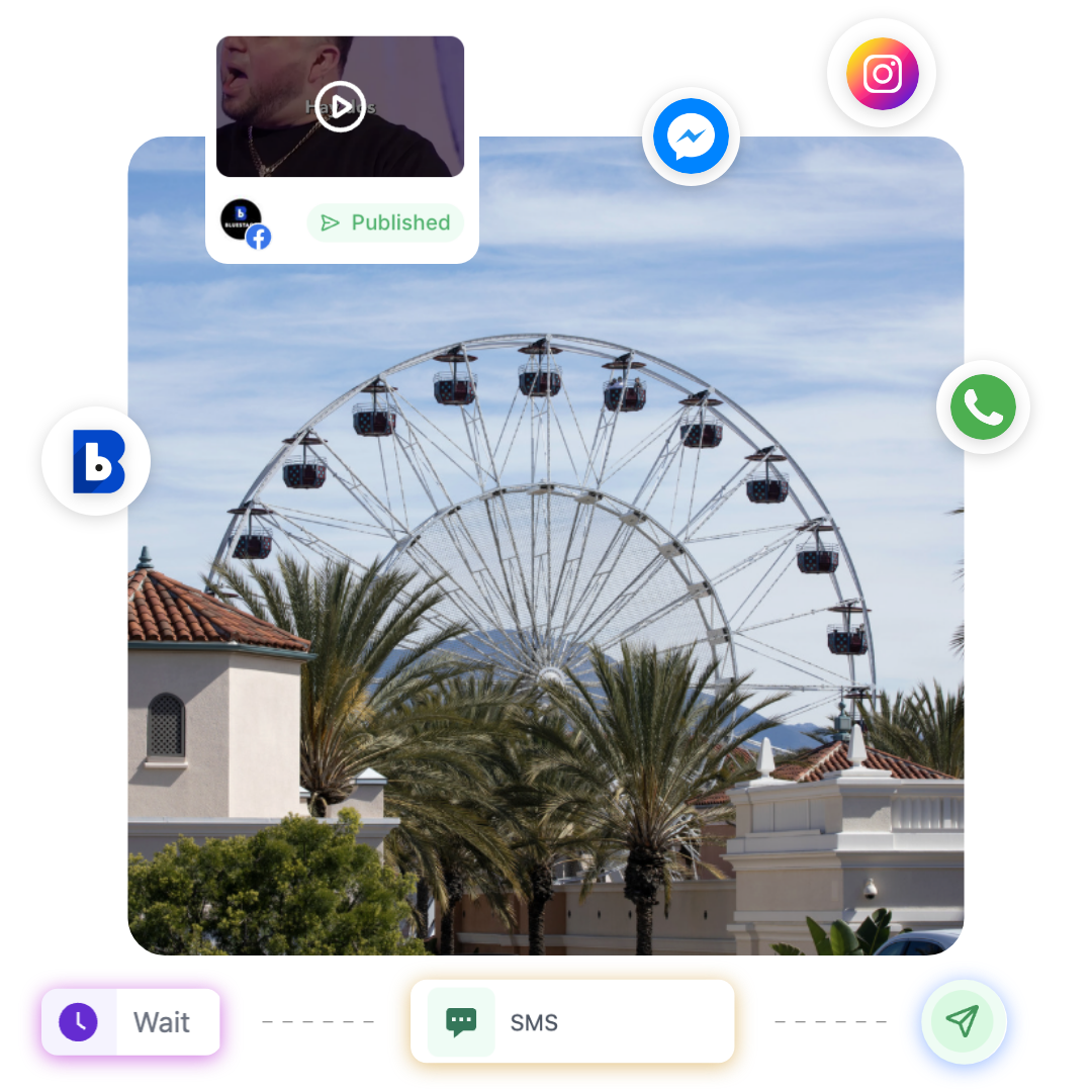 A large Ferris wheel rises behind palm trees and buildings under a blue sky, with various social media and messaging icons displayed around the photo—capturing the vibrant energy of a digital marketing agency that connects brands in innovative ways.