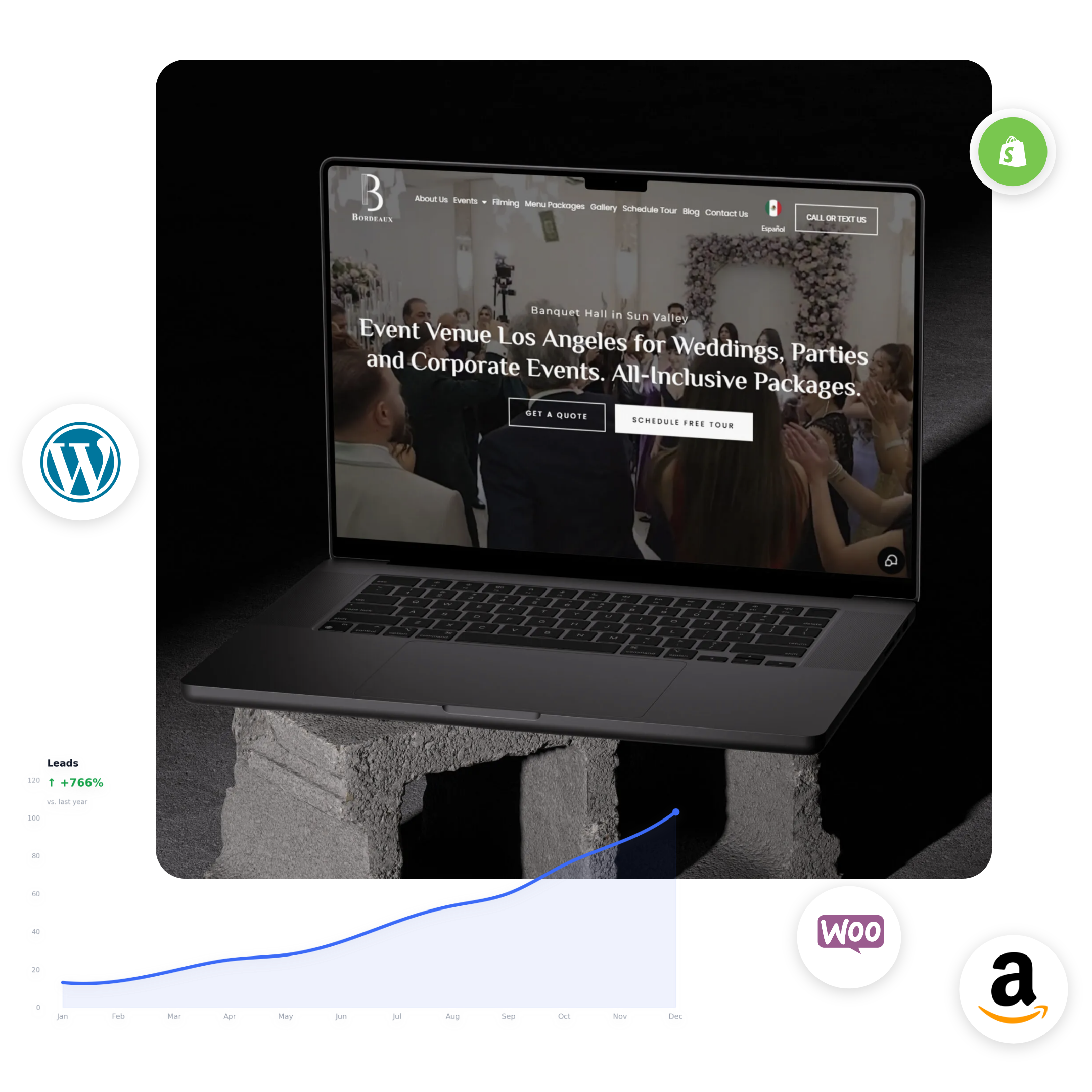 A laptop on concrete blocks displays an event venue website. Surrounding it are WordPress, Shopify, WooCommerce, and Amazon icons, plus a graph showing a sharp increase in leads—highlighting the results driven by a skilled digital marketing agency.