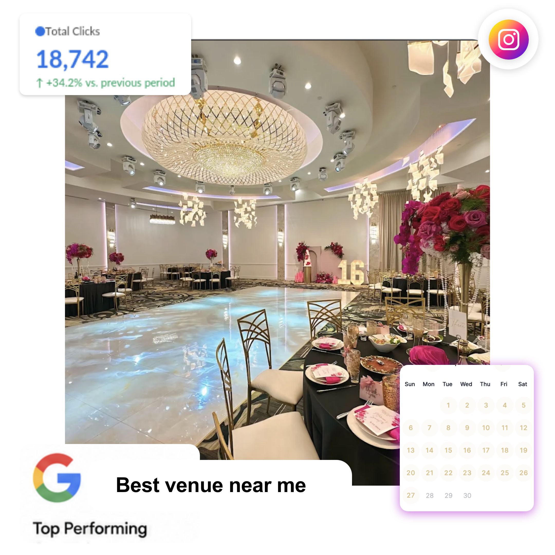 Elegant banquet hall with a luxurious chandelier, marble floor, and decorated tables set for an event. Digital graphics—created by a leading digital marketing agency—show web clicks, a calendar, and search results for Best venue near me.