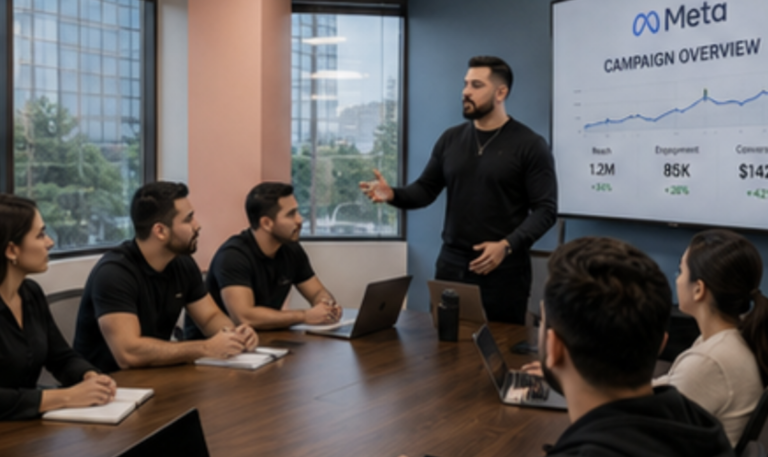 A man from a digital marketing agency presents a Meta campaign overview on a screen to five colleagues seated around a conference table with laptops and notebooks.