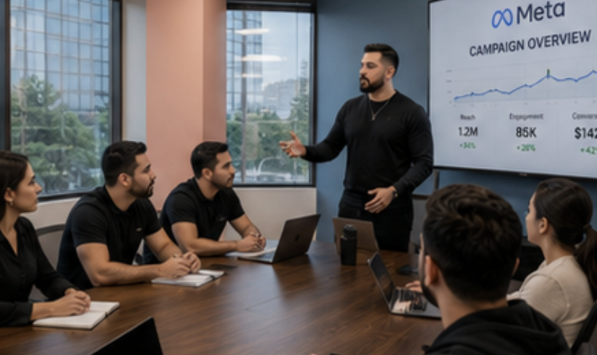 A man from a digital marketing agency presents a Meta campaign overview on a screen to five colleagues seated around a conference table with laptops and notebooks.