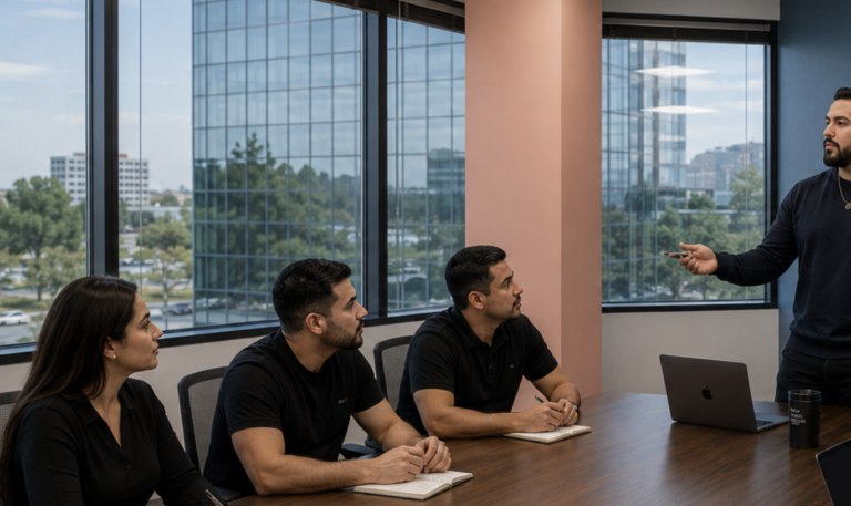 Three people sit at a conference table with notebooks, listening to a man standing and speaking near a laptop in a modern office with large windows, reflecting a dynamic digital marketing agency environment.