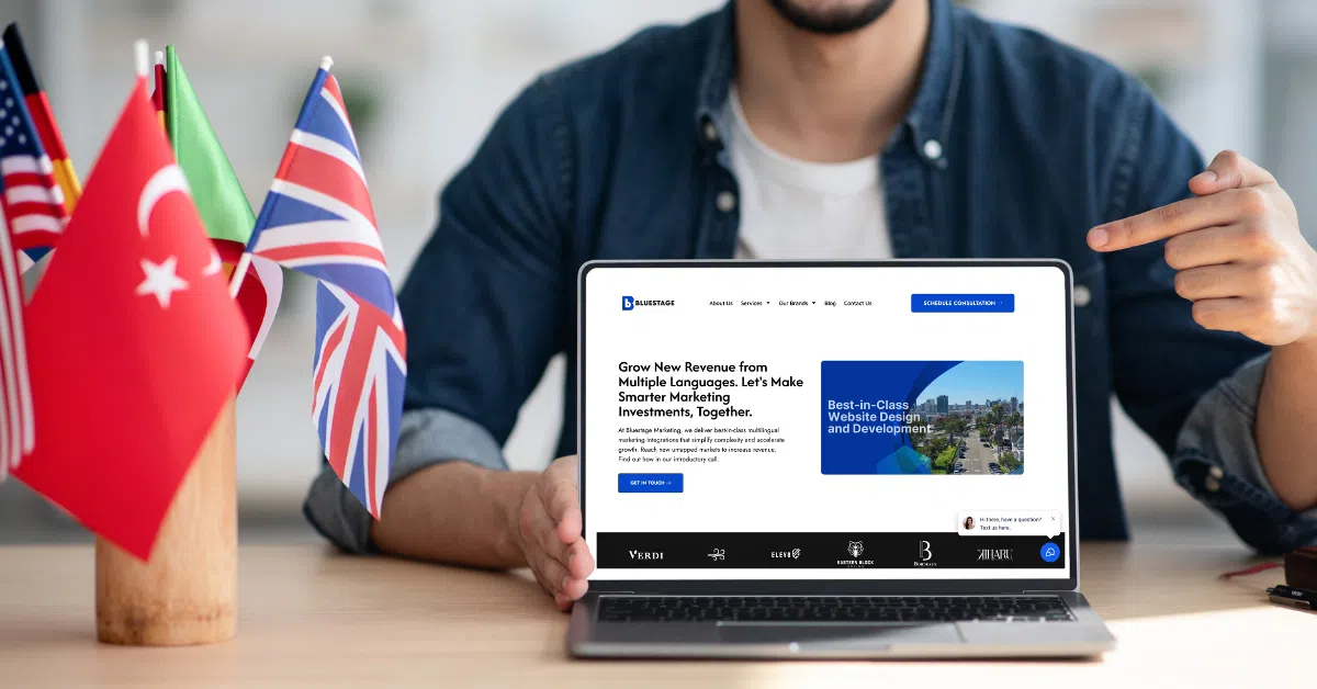 A person points at a laptop displaying a business website, sitting at a table with small flags of Turkey, France, Italy, the UK, and the US—an ideal setting for an international digital marketing agency. The background is blurred.