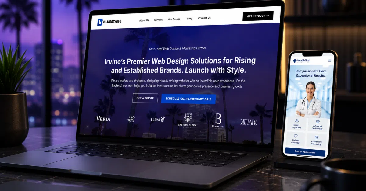 A laptop displays a digital marketing agency’s homepage, while a smartphone shows a healthcare app. Both devices rest on a table with palm trees and city lights visible through a window in the background.
