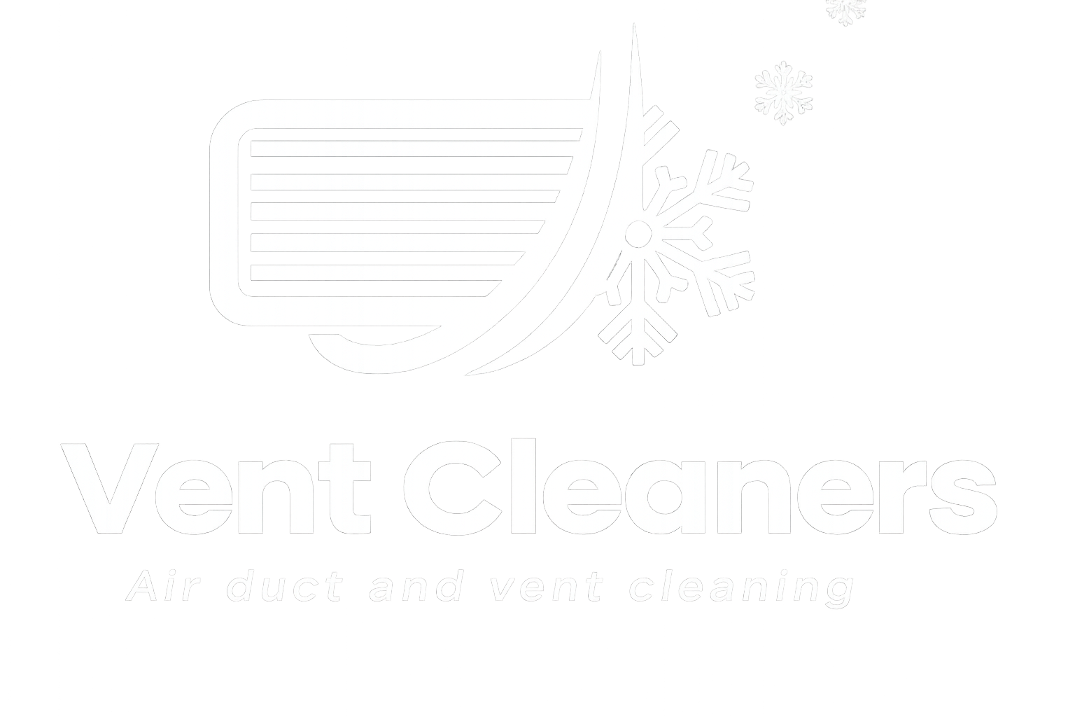 Logo with a vent, three snowflakes, and the text “Vent Cleaners Air duct and vent cleaning” below. Designed with white elements on a light background, this logo presents a clean and modern image—ideal for use by a digital marketing agency representing air duct and vent cleaning services.