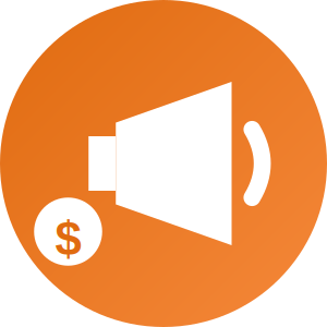 White megaphone and dollar sign icon on an orange circular background, suggesting the concept of paid advertising or marketing promotions—ideal for representing a digital marketing agency.