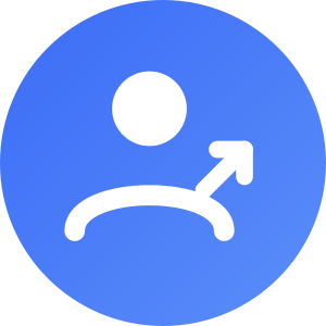A white person icon with an upward-right arrow, set inside a blue circle, representing growth and progress—ideal for a digital marketing agency.