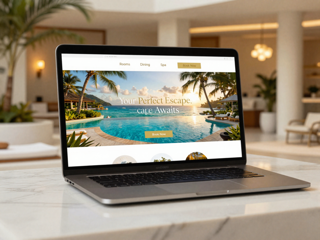 A laptop on a marble table displays a resort website featuring a pool, palm trees, and ocean view—crafted with the expertise of a digital marketing agency. The text reads Your Perfect Escape. Care Awaits with a Book Now button.
