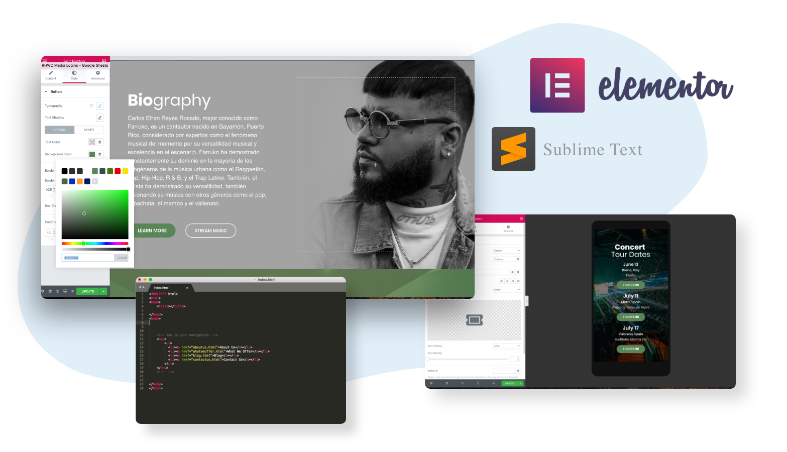 A collage shows website editing tools, a black-and-white photo of a man in a biography section, a mobile concert tour page, code in Sublime Text, and logos for Elementor and Sublime Text—capturing the dynamic toolkit essential for any digital marketing agency.