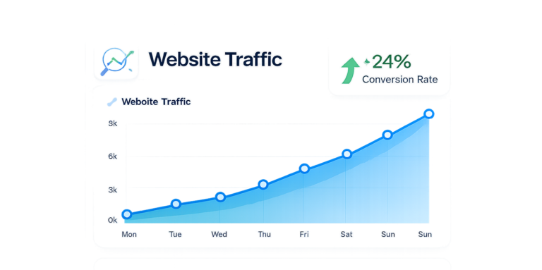 Line graph showing website traffic increasing from Monday to Sunday, reaching 9k on Sunday. A green upward arrow and +24% Conversion Rate are displayed in the top right, highlighting the effective strategies of a digital marketing agency.