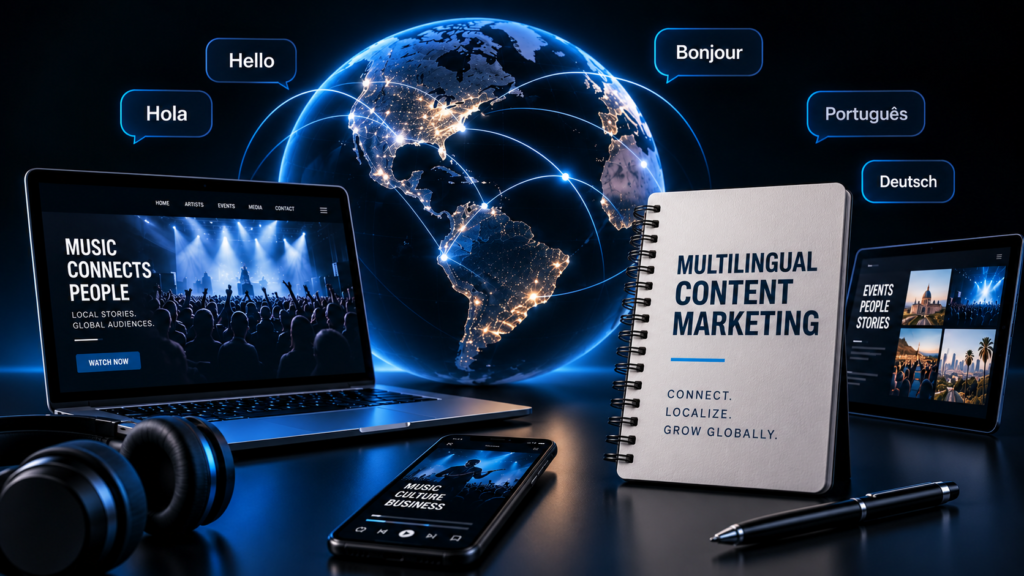 A globe connected by glowing lines is surrounded by digital devices, headphones, and a notebook titled Multilingual Content Marketing. Speech bubbles show greetings in different languages, highlighting global digital communication.