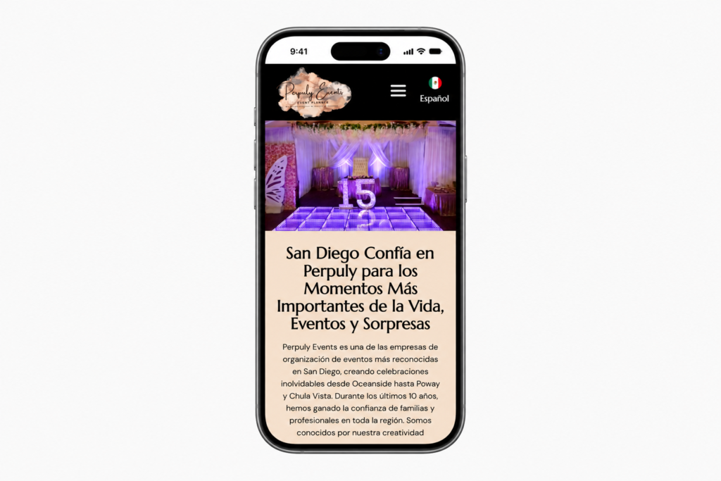 A smartphone displays an event planning website in Spanish, featuring a decorated stage, purple lighting, and text about special event services in San Diego.