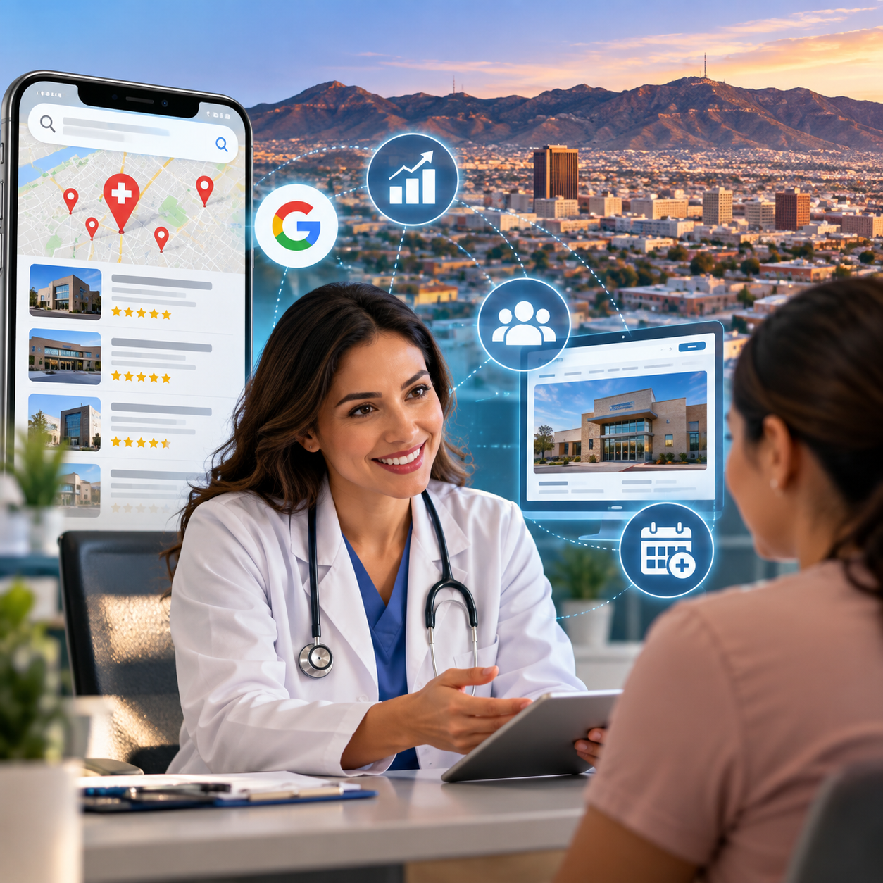 A female doctor consults a patient in an office, with digital icons showing online reviews, location maps, and scheduling, set against a cityscape background.