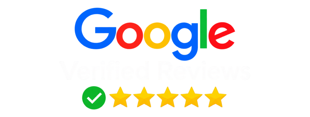 Google Verified Reviews logo with the word Google in colorful letters, Verified Reviews in white, and five yellow stars with a green checkmark below, indicating a positive rating or review.