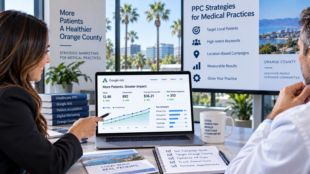 Two people review Google Ads data on a laptop in a modern office. Charts, notes, and marketing materials are visible, with city buildings and palm trees outside large windows. Banners promote PPC strategies for medical practices.