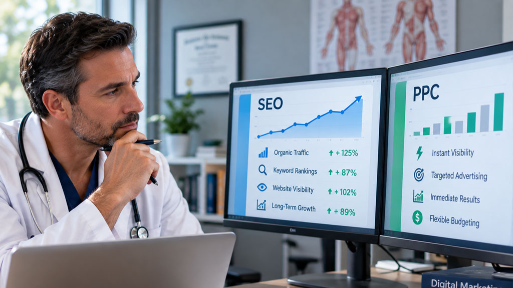 A doctor looks at two computer monitors displaying SEO and PPC data, including growth percentages and key metrics, in a modern office setting.