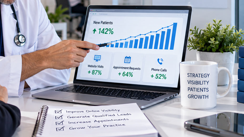 A person points to a rising graph on a laptop showing patient growth stats. A checklist, pen, coffee mug with strategy keywords, and charts are visible on the desk.