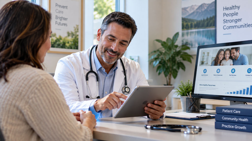 A doctor smiles and shows a female patient information on a tablet in a modern office. Theres a stethoscope and paperwork on the desk, and a computer screen displays health-related data.
