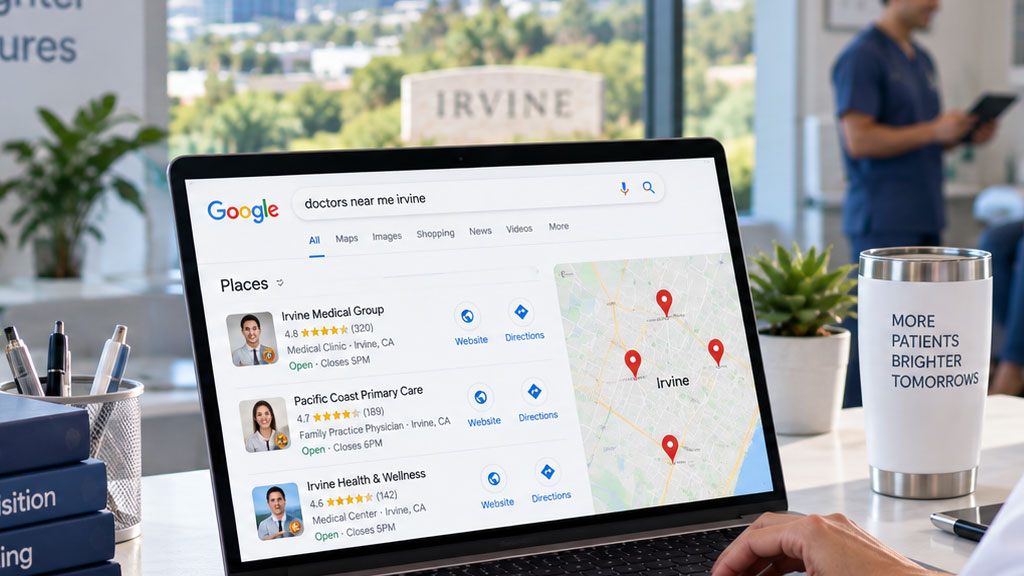 A laptop shows a Google search for doctors near me irvine with map and clinic listings. A tumbler says More Patients Brighter Tomorrows. An office window shows Irvine. A person uses a tablet in the background.